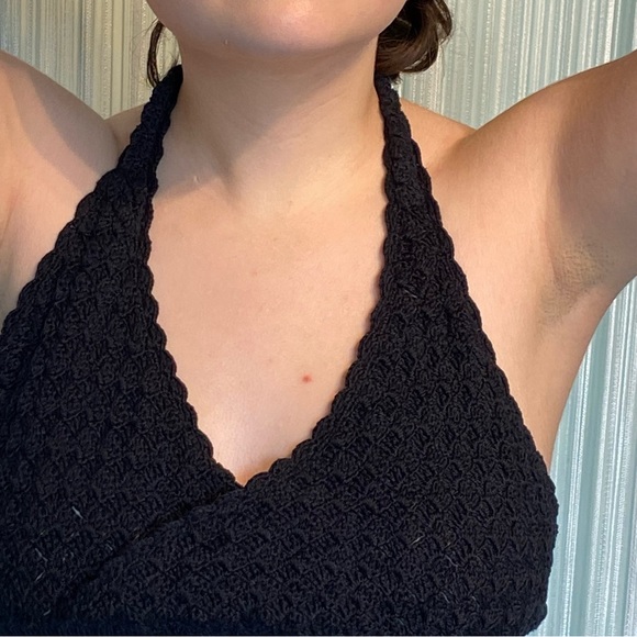 Black Crochet Knit Cropped Halter Top - Picture 14 of 16